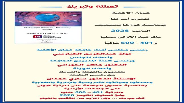 عمان الاهلية تهنىء أسرتها بمناسبة فوزها بتصنيف التايمز 2026 بالمرتبة الاولى محليا و401 – 500 عالميا