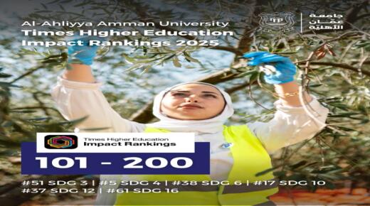 عمان الأهلية تحقّق إنجازاً عالمياً ضمن الفئة (101– 200) في تصنيف التايمز لتأثير الجامعات 2025