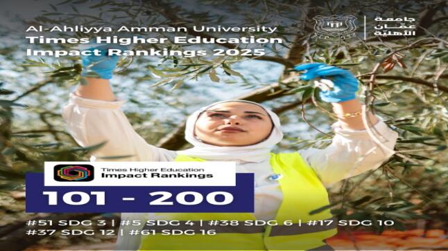عمان الأهلية تحقّق إنجازاً عالمياً ضمن الفئة (101– 200) في تصنيف التايمز لتأثير الجامعات 2025