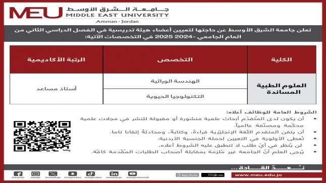 وظيفة اعضاء هيئة تدريس شاغرة في جامعة الشرق الاوسط 