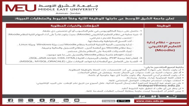 وظائف شاغرة في جامعة الشرق الاوسط 