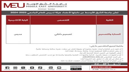 شاغر وظيفي لعضو هيئة تدريس في جامعة الشرق الأوسط