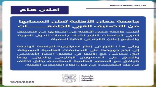 جامعة عمان الأهلية تعلن انسحابها من التصنيف العربي للجامعات