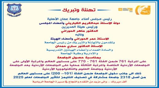مجلس الأمناء وهيئة المديرين لجامعة عمان الاهلية يهنئون رئيس وأسرة الجامعة على الإنجازات الريادية بالتصنيفات العالمية