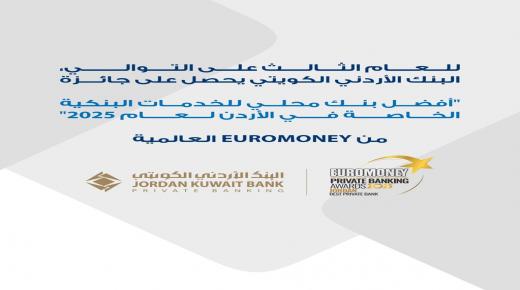 للعام الثالث على التوالي البنك الأردني الكويتي يفوز بجائزة “أفضل بنك للخدمات البنكية الخاصة في الأردن لعام 2025″من يوروموني العالمية