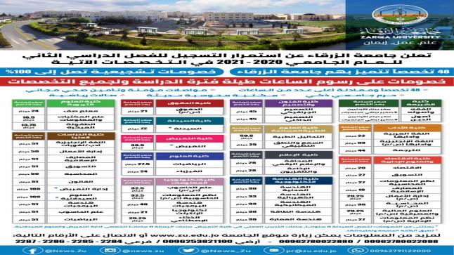 إعلان استمرار التسجيل في جامعة الزرقاء وخصومات تشجيعية مميزة للفصل الدراسي الثاني 2021/2020