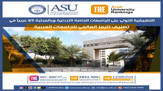 التطبيقية الأولى على الجامعات الخاصة الأردنية وبالمرتبة 25 عربياً في تصنيف تايمز العالمي للجامعات العربية