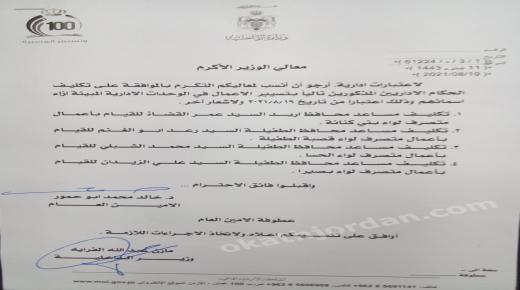 وزارة الداخلية : تكليف حكام اداريين للقيام بأعمال المتصرفية  – وثيقة واسماء