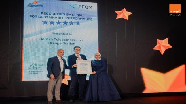 مركز الملك عبدالله الثاني للتميّز يمنح أورنج الأردن شهادة الاعتراف بالتميّز من EFQM بمستوى الـ 6 نجوم
