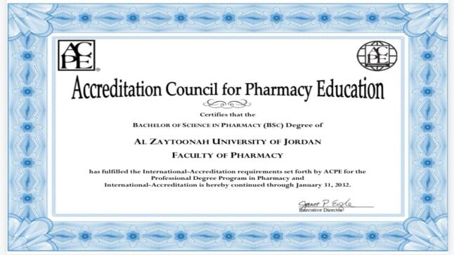 تجديد الاعتماد الأمريكي الدولي (ACPE) لكلية الصيدلة في جامعة الزيتونة الأردنية لمدة ستة سنوات
