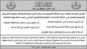 جامعة الزرقاء تعلن عن وظيفة ممرضه شاغرة